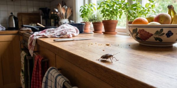 A cockroach on a kitchen countertop with fruit bowl and plants.