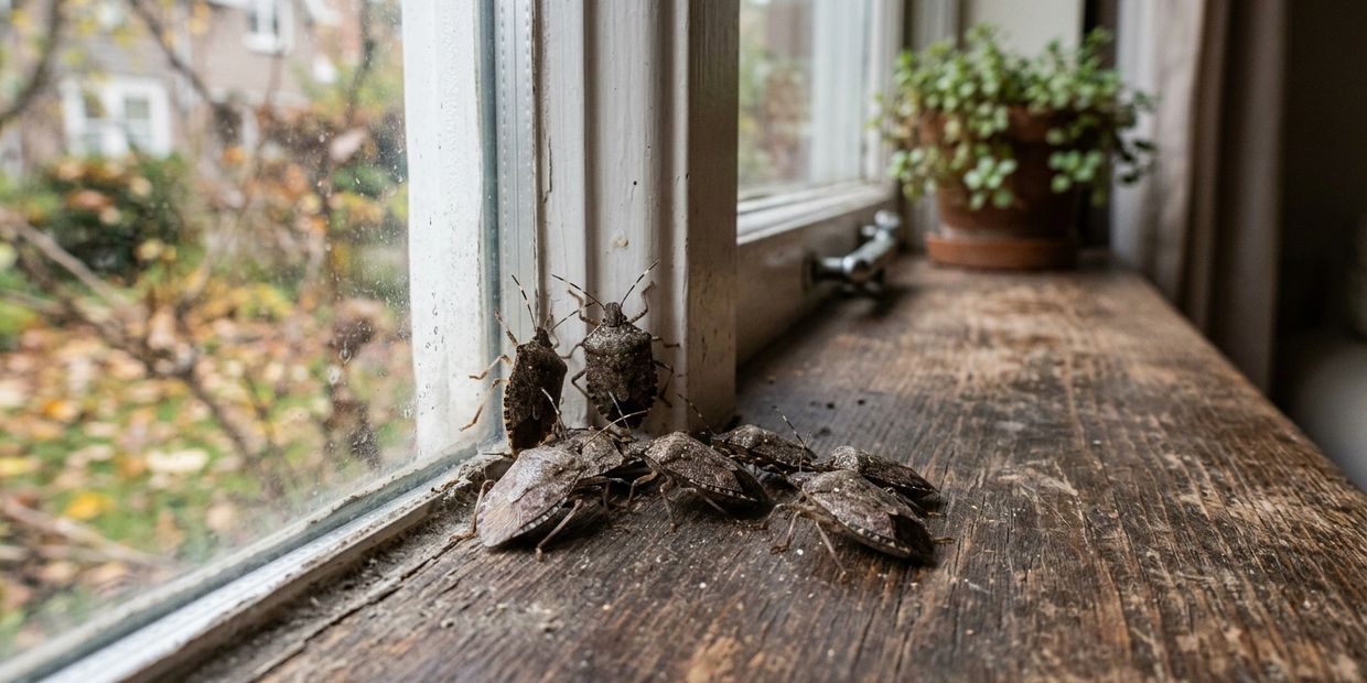 A group of brown bugs clustered on a wooden windowsill indoors.