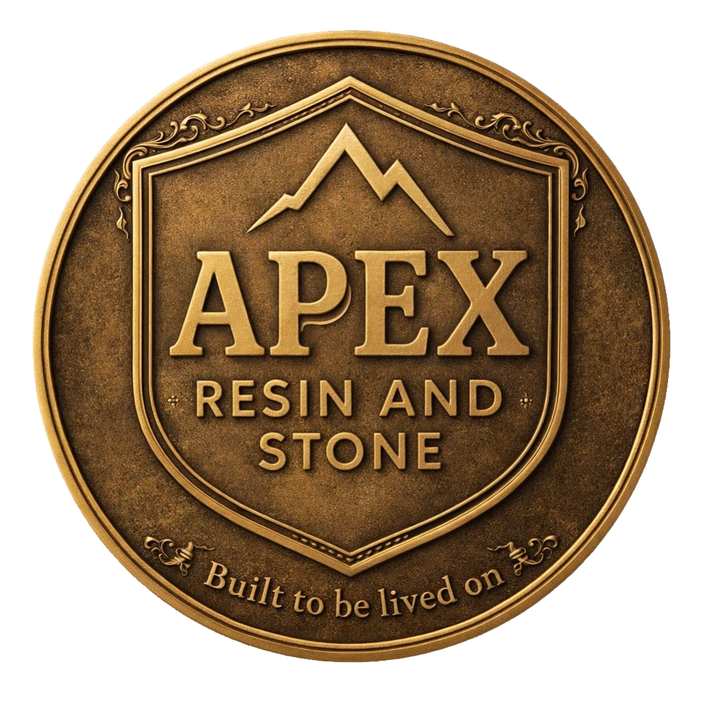 A bronze coin with 'APEX Resin and Stone' and a mountain logo.