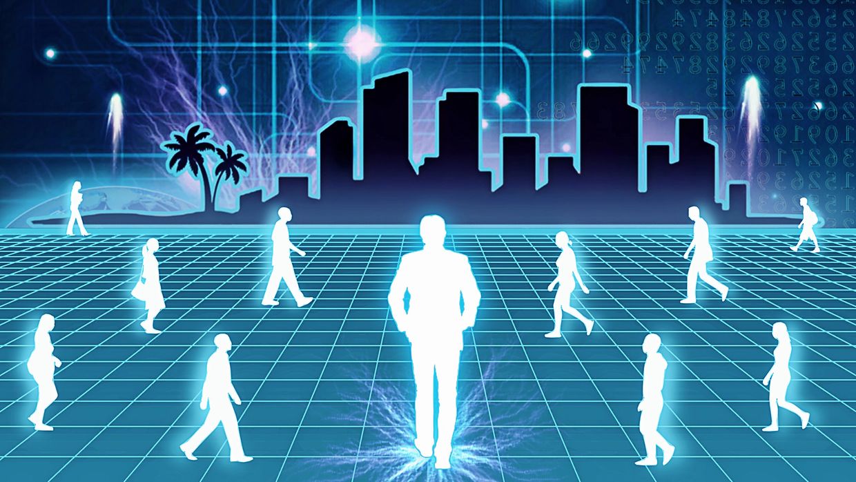 a virtual landscape with neon gridlines and glowing silhouettes of Miami Beach Marketing 305 clients