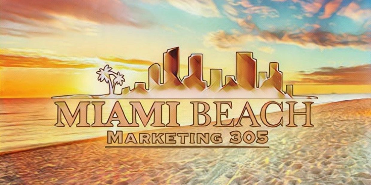 Sunrise over the ocean in South Beach with the logo for Miami Beach Marketing 305 centered 