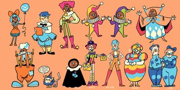 An illustration by V.Bryant of an assortment of clown NPCs for Next in Line RPG.