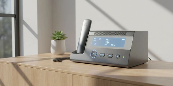 Modern digital answering machine on wooden cabinet with potted plant.
