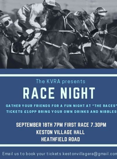 Advertisement for a race night event at Keston Village Hall.