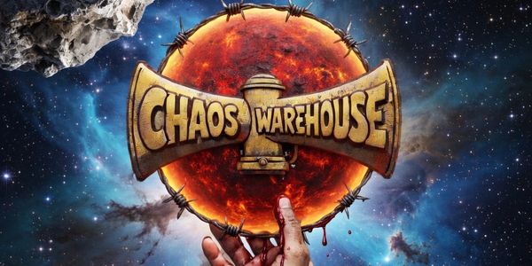 A fiery planet with 'Chaos Warehouse' sign held by a hand in space.