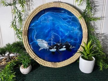 nautical portholes ready hang or serving trays Featuring sharks orcas marine life. depth and realism