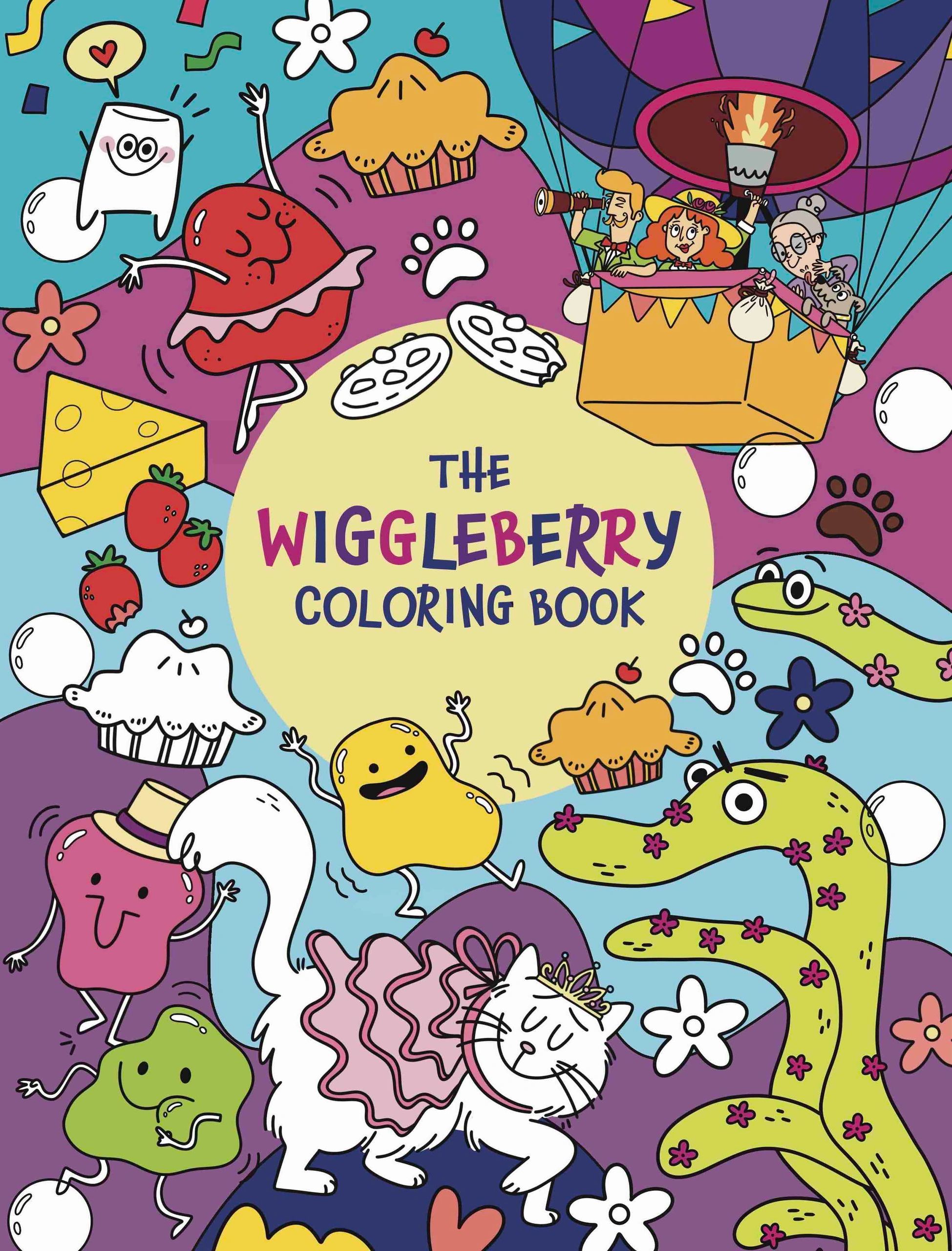 Colorful and fun characters on The Wiggleberry Coloring Book cover.