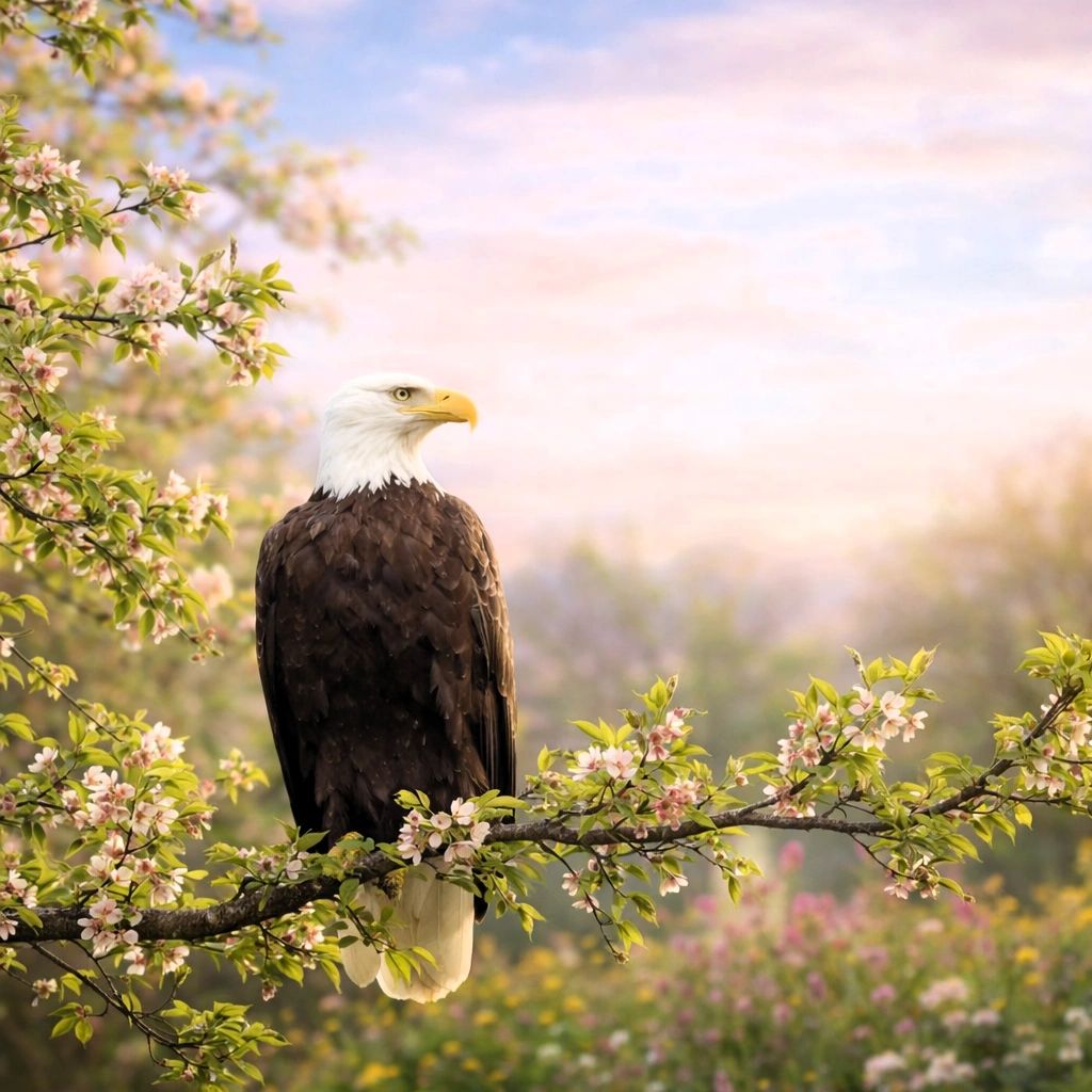 A bald eagle perched on a blossoming tree branch at sunrise.
