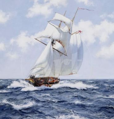 A sailing ship navigating choppy seas under a partly cloudy sky.
