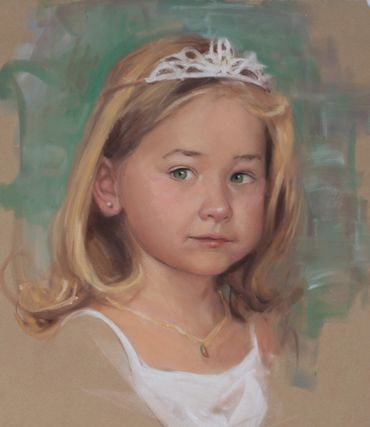 Portrait of a young girl wearing a tiara and white dress.