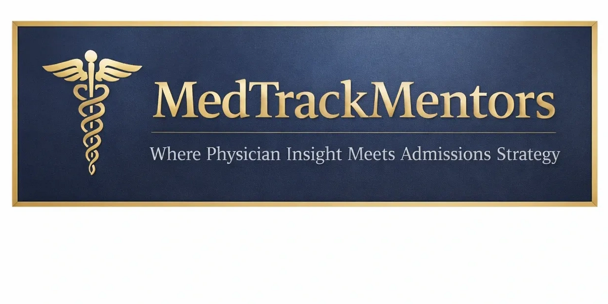 MedTrackMentors logo with medical symbol and admissions tagline.