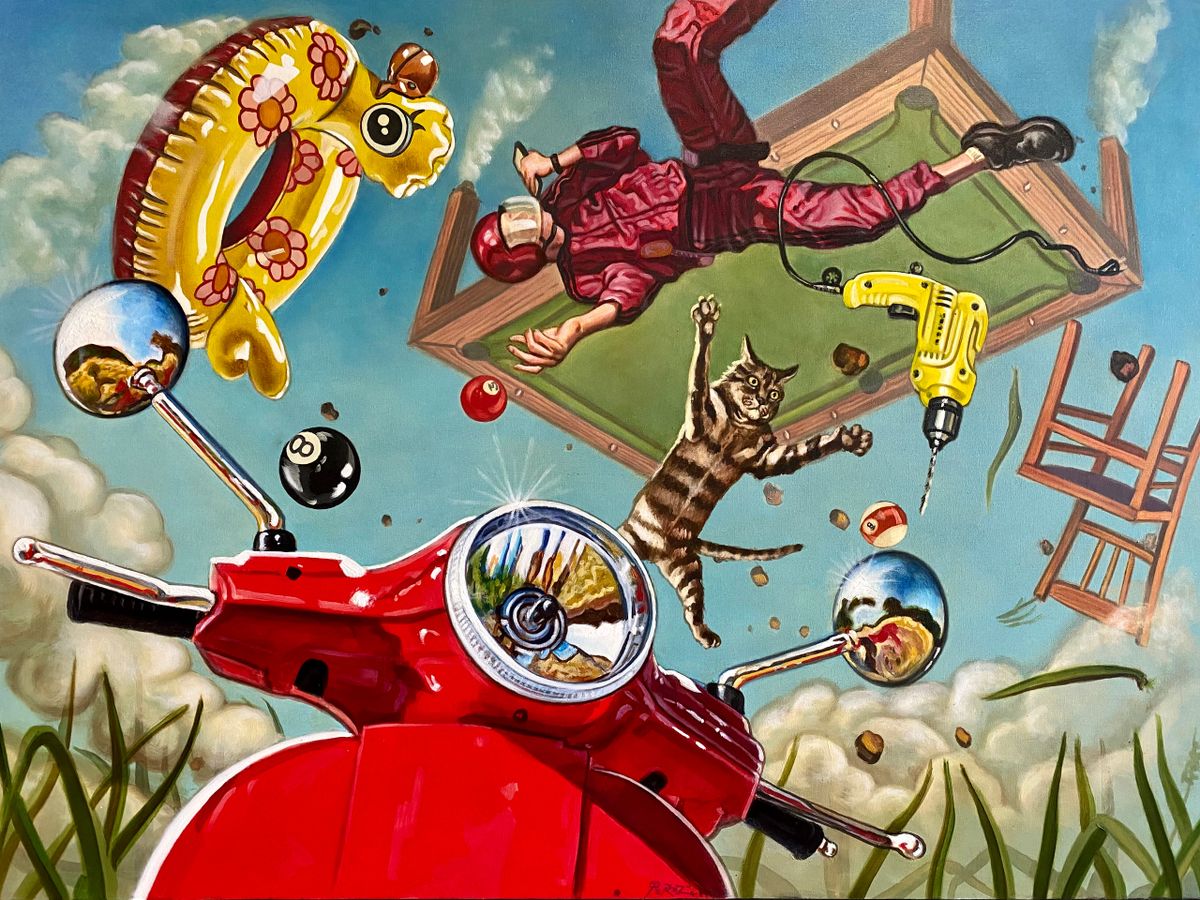 Diego Pérez, “Red Motorcycle Accident with Plastic Duck and a Cat” Diego Pérez, “Red Motorcycle Accident with Plastic Duck and a Cat”