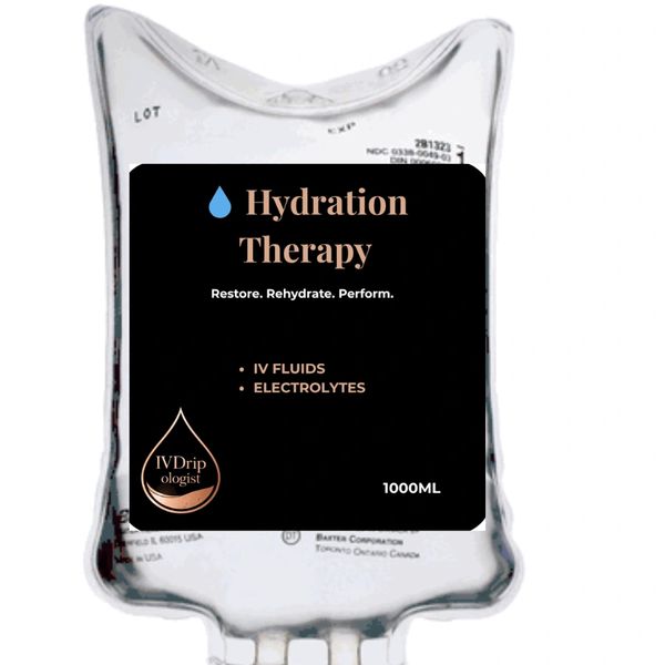 IV hydration therapy bag containing fluids and electrolytes for rehydration.