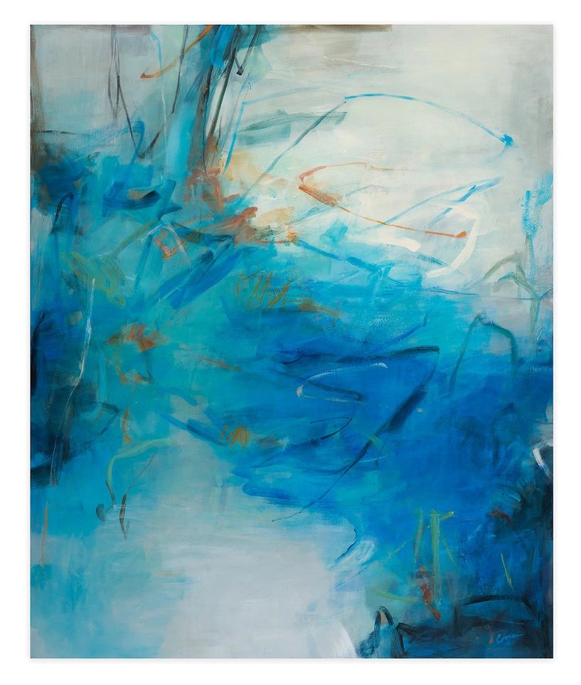 Original abstract painting with variations of blue and blue green with movement and line work