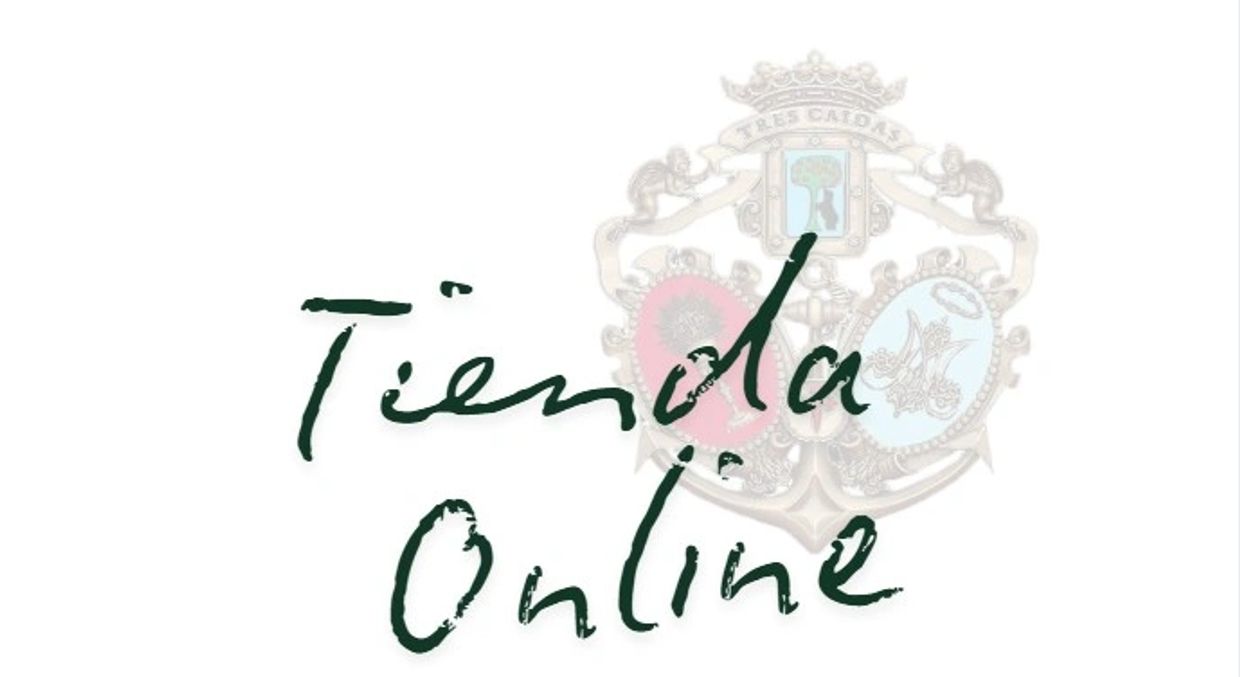 Handwritten text 'Tienda Online' with a faint emblem in the background.