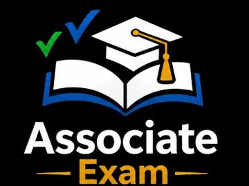 Logo featuring an open book and graduation cap with text 'Associate Exam'.