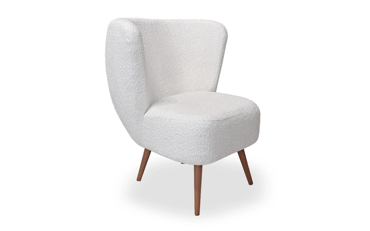 Sillón individual con patas de madera cónicas, estilo escandinavo, retro.
