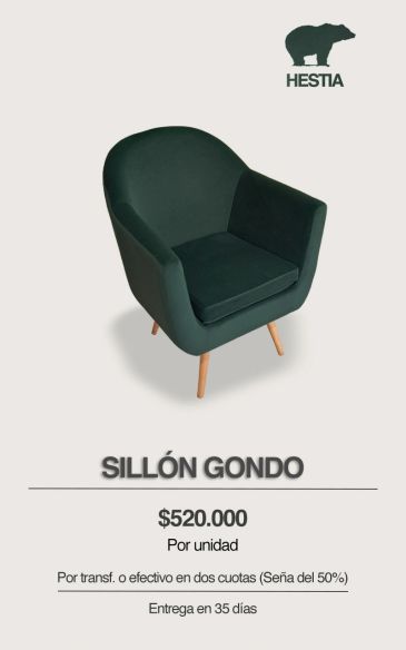 Sillón Gondo, estilo retro tapizado verde con apoyabrazos amplios y patas cónicas de madera maciza d