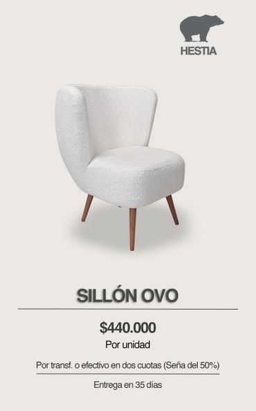 Sillón Ovo blanco con patas de madera en oferta por $440.000.
