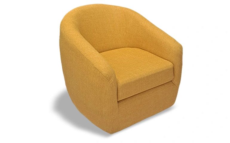 A mustard yellow upholstered armchair with rounded edges and a cushioned seat.