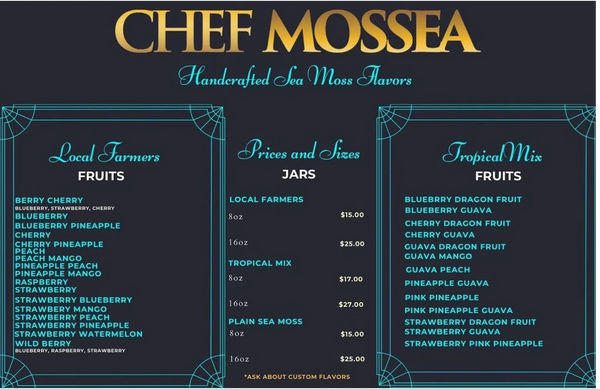 Chef Mossea sea moss gel menu