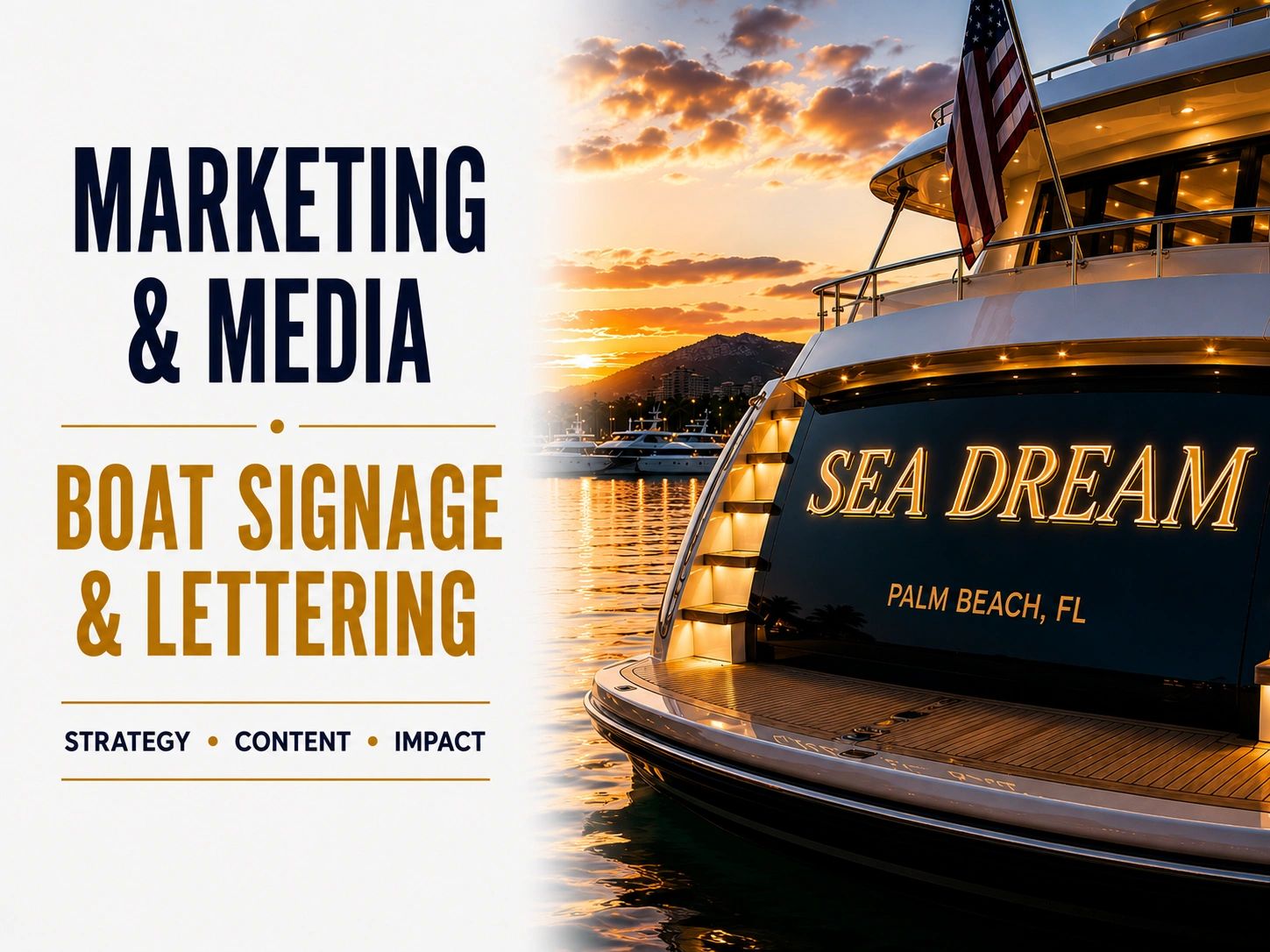 Marketing for boat signage and lettering with illuminated boat name 'Sea Dream'.