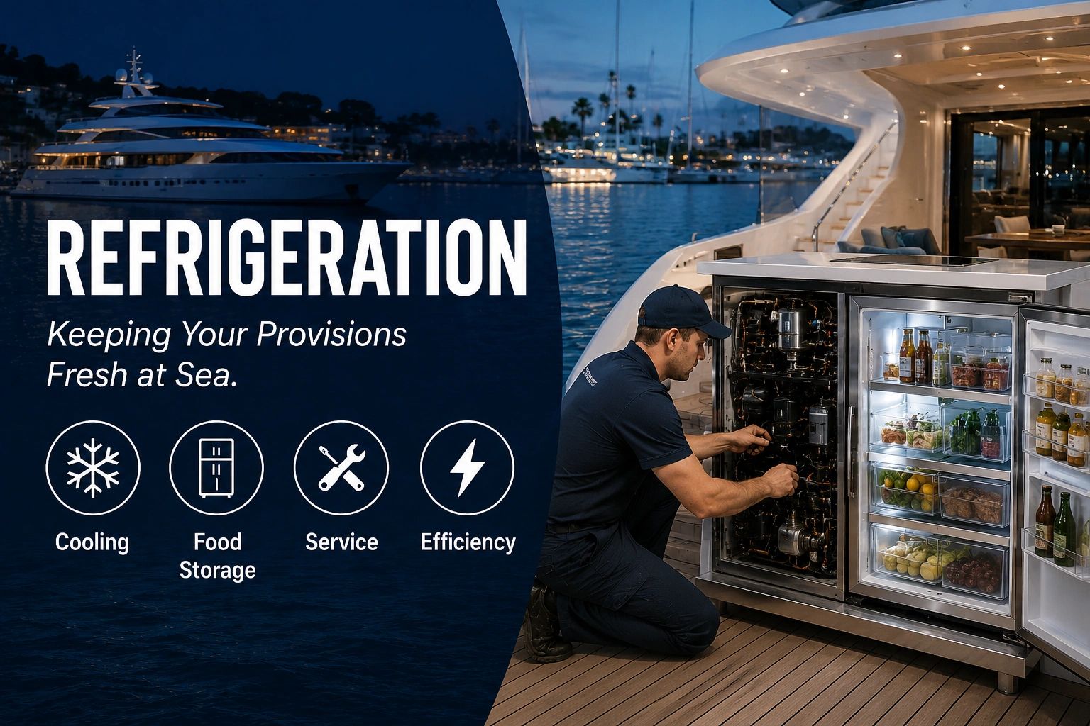 Technician services yacht refrigeration system to keep provisions fresh at sea.