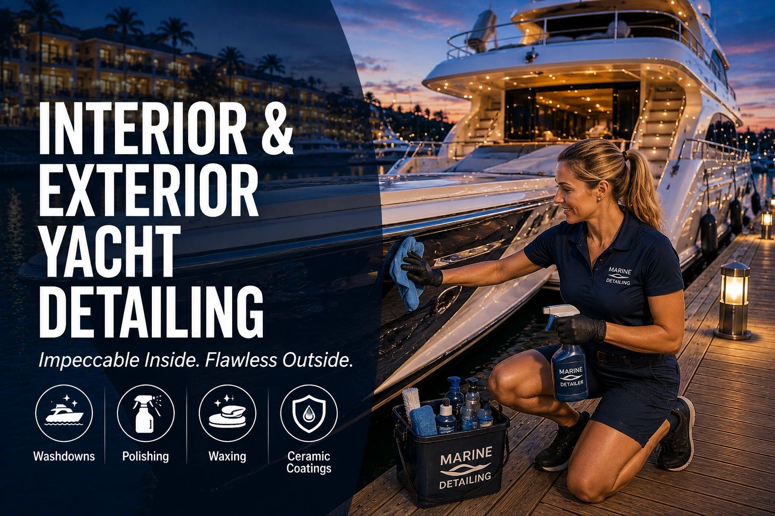 Woman detailing a yacht at sunset, emphasizing interior and exterior care services.