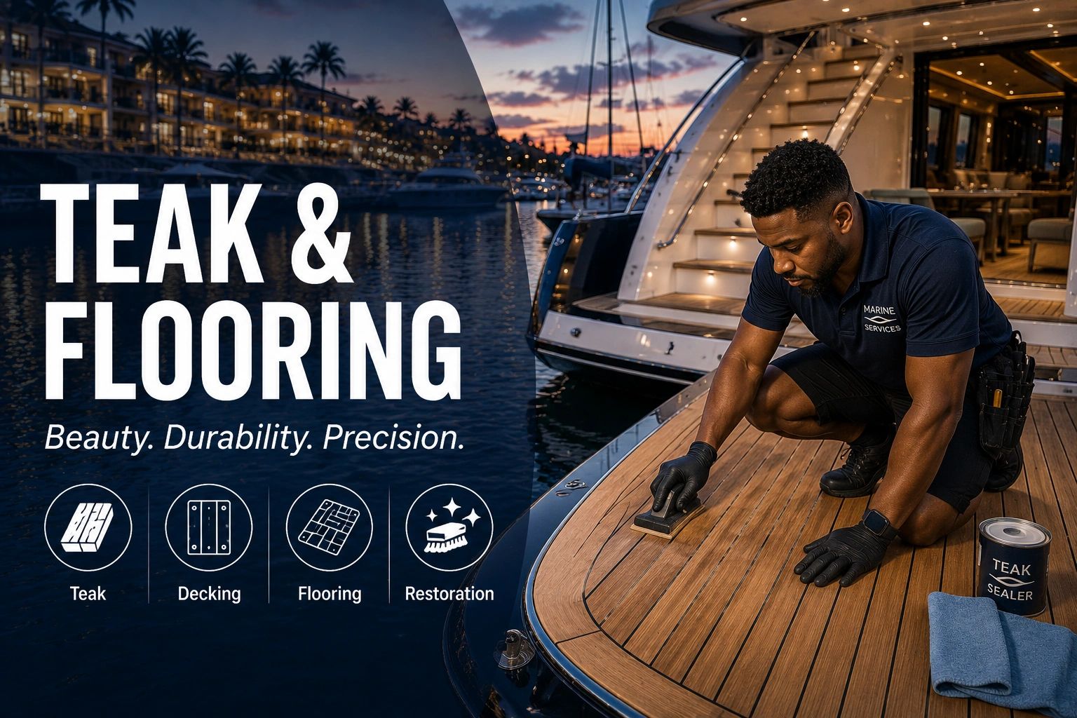Man restoring teak flooring on a yacht at sunset.