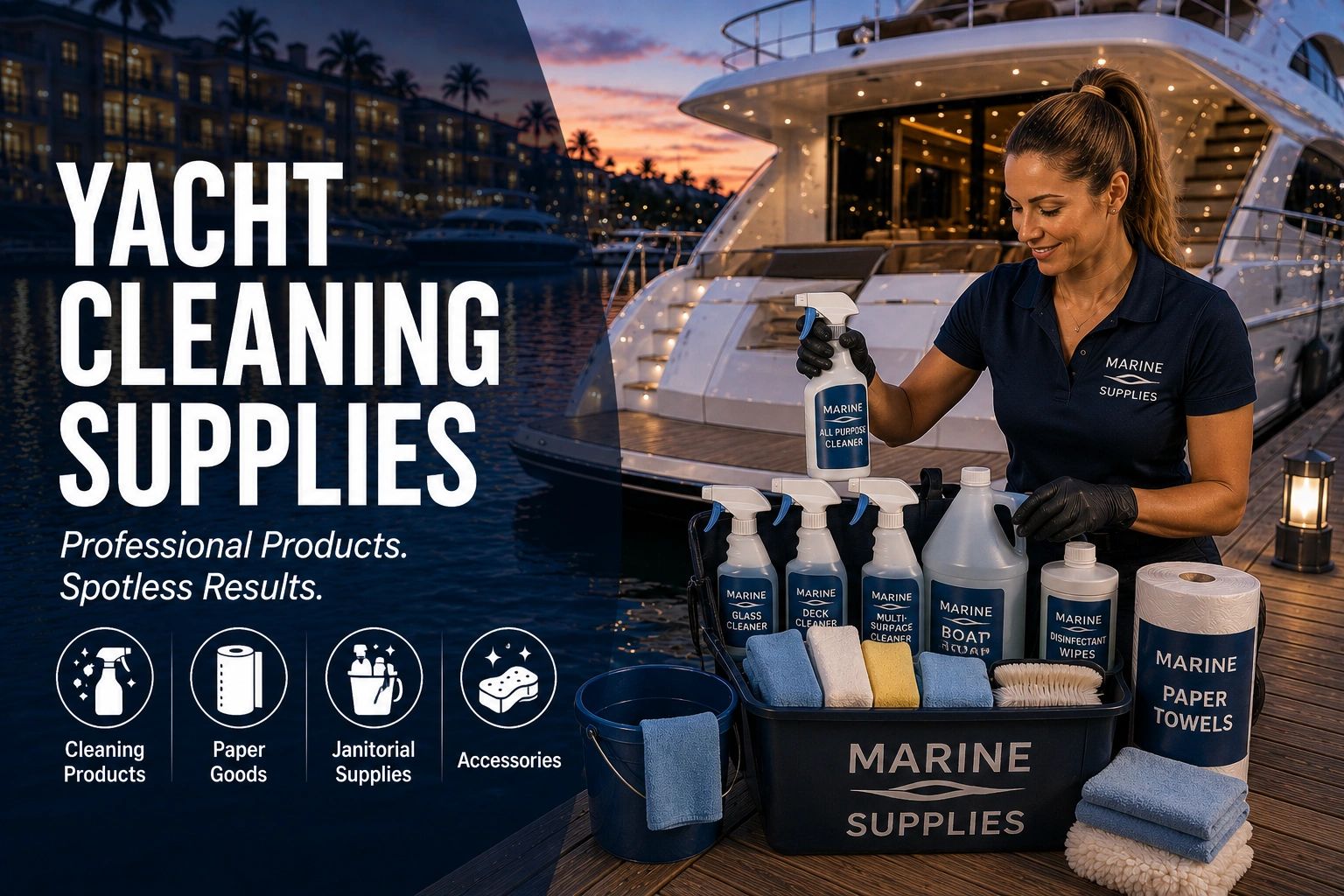 Woman showcasing marine yacht cleaning supplies on a dock at sunset.