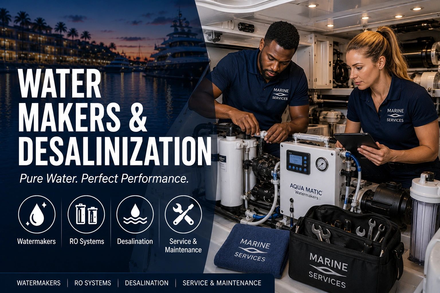 Technicians servicing a marine watermaker device for desalination and maintenance.