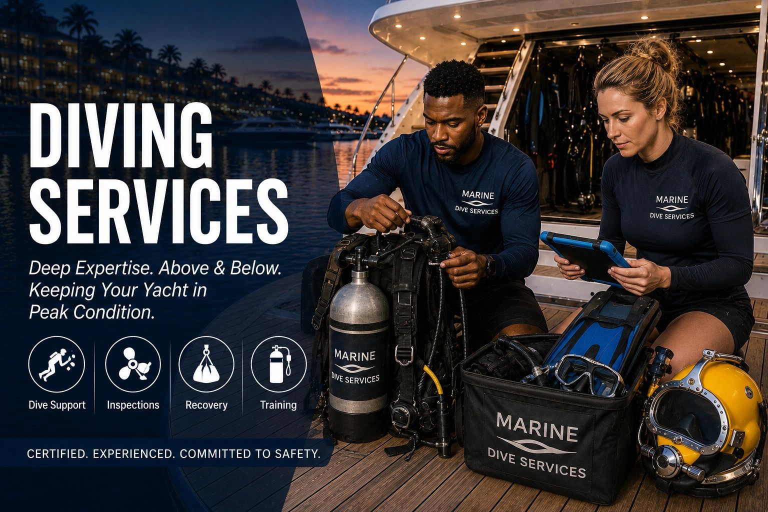 Two divers prepare equipment on a yacht at sunset for marine dive services.