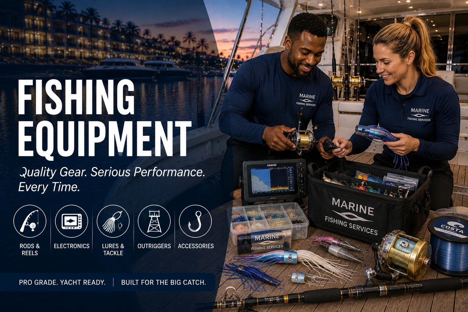 Two people prepare fishing gear on a boat at sunset, showcasing marine fishing equipment.