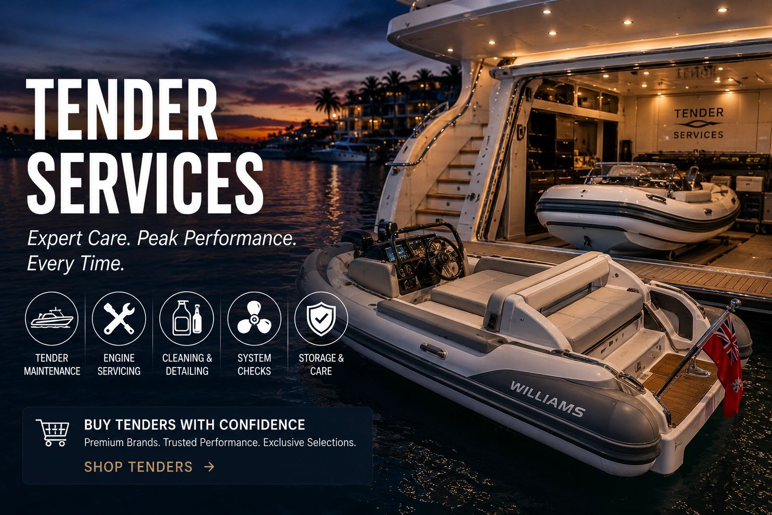Luxury tender boats docked at sunset, offering expert maintenance and services.