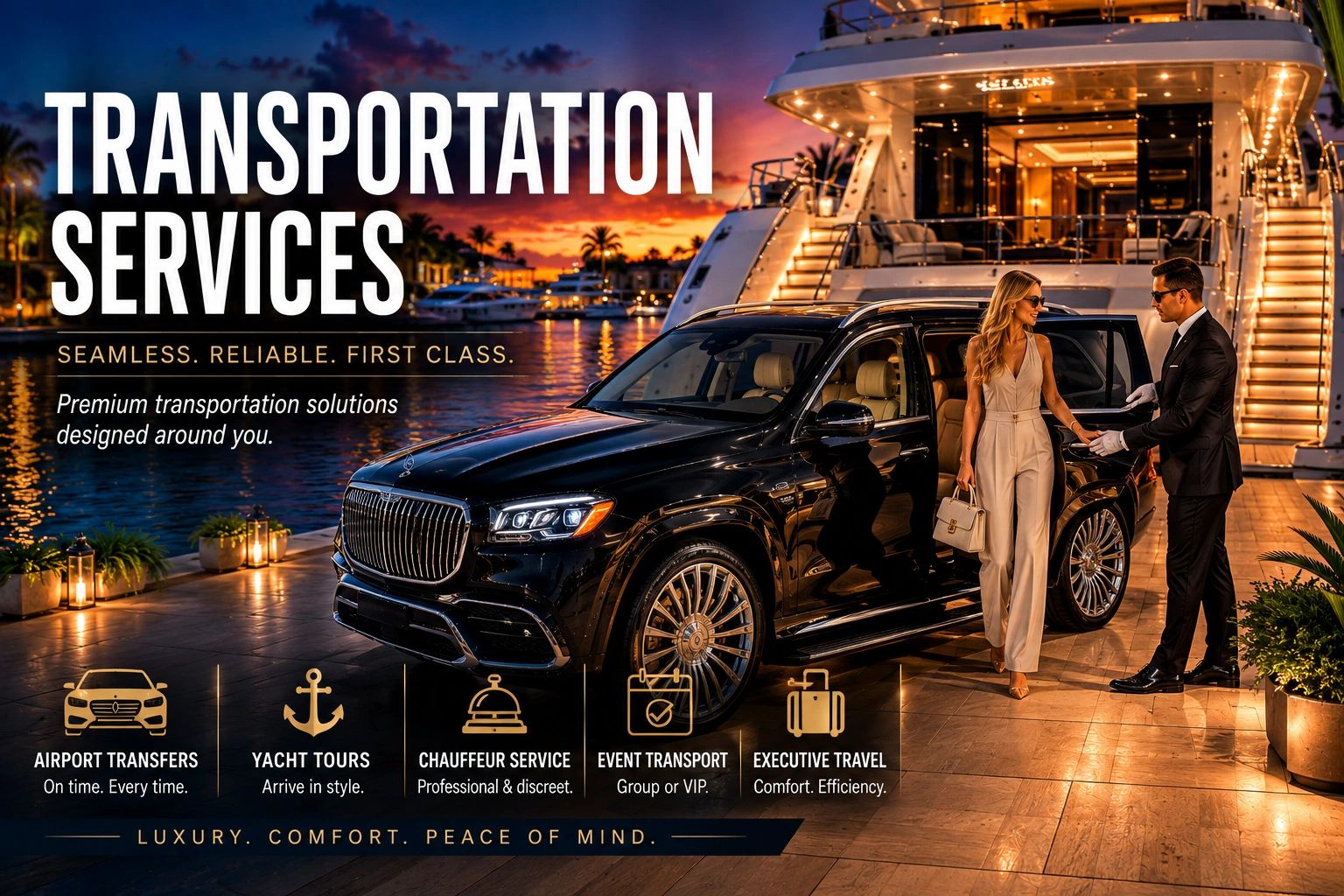 Luxury transportation services with premium car and yacht options at sunset.