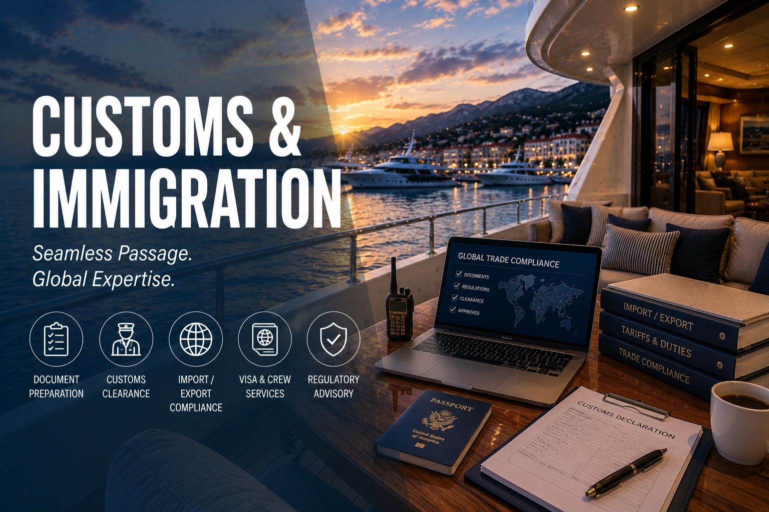 Customs and immigration services with global expertise at sunset on a yacht.