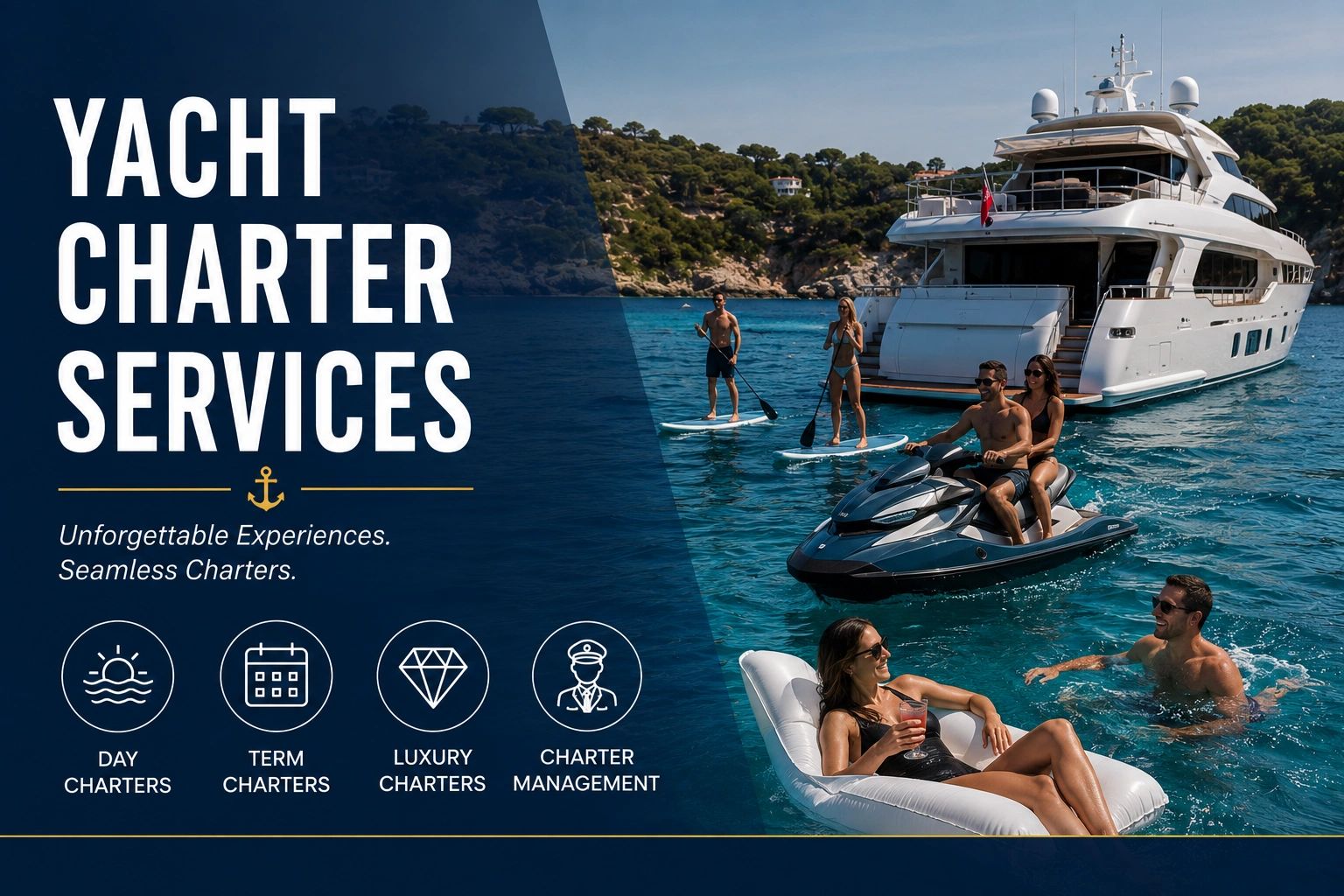 Group enjoying luxury yacht charter with water activities and relaxation.
