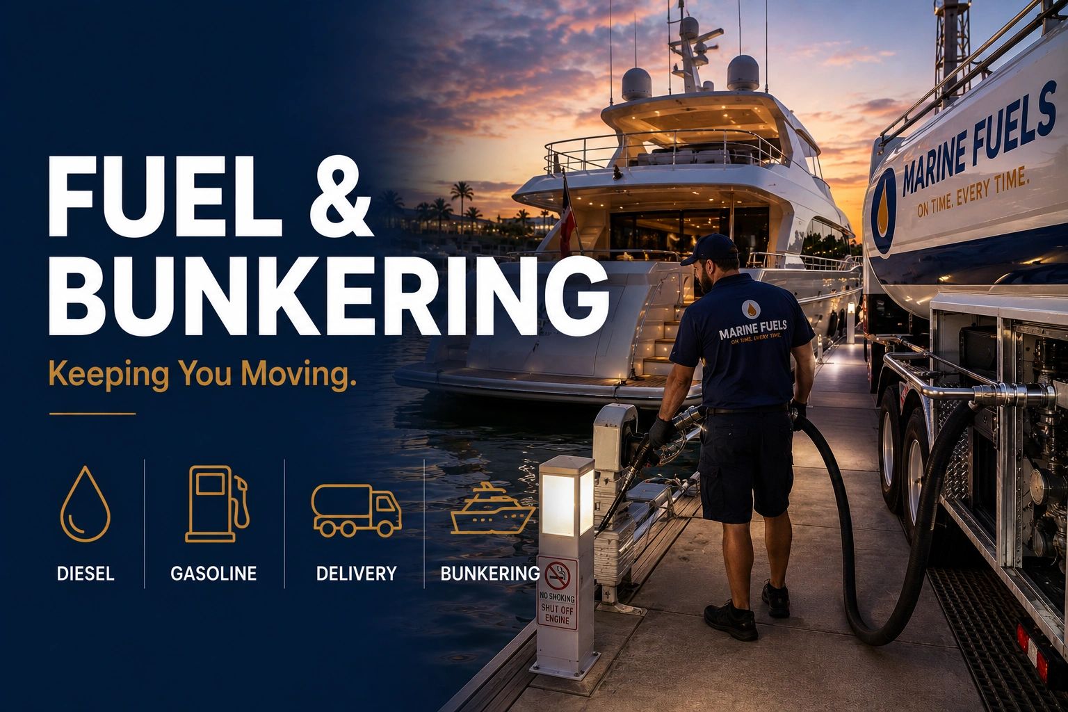 Marine fuels delivery and bunkering at sunset for yachts.