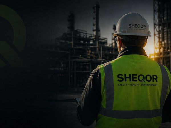 Worker in safety gear at industrial site during sunset.