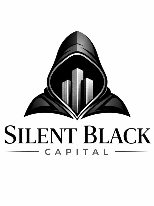 Logo of Silent Black Capital featuring a hooded figure with skyscrapers inside.