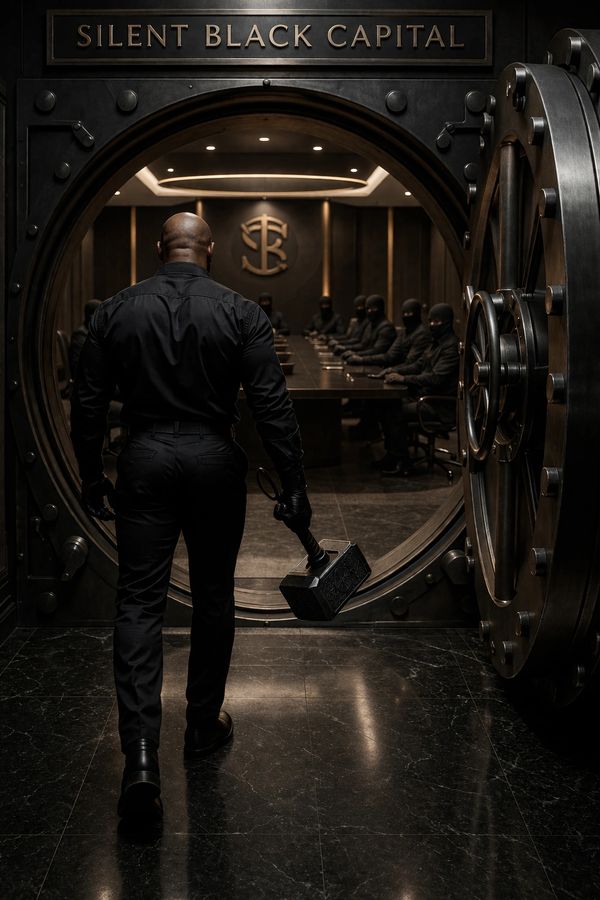 A man holding a hammer enters a vault room with masked people seated at a table.