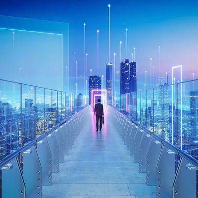 Person walking on a futuristic glass bridge towards glowing neon gates in a cityscape.