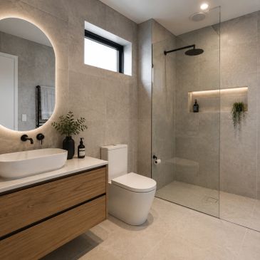 Modern bathroom with wooden vanity and walk-in shower.