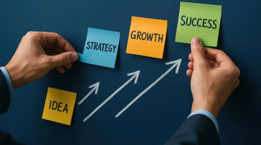Hands placing sticky notes showing steps from idea to success with upward arrows.