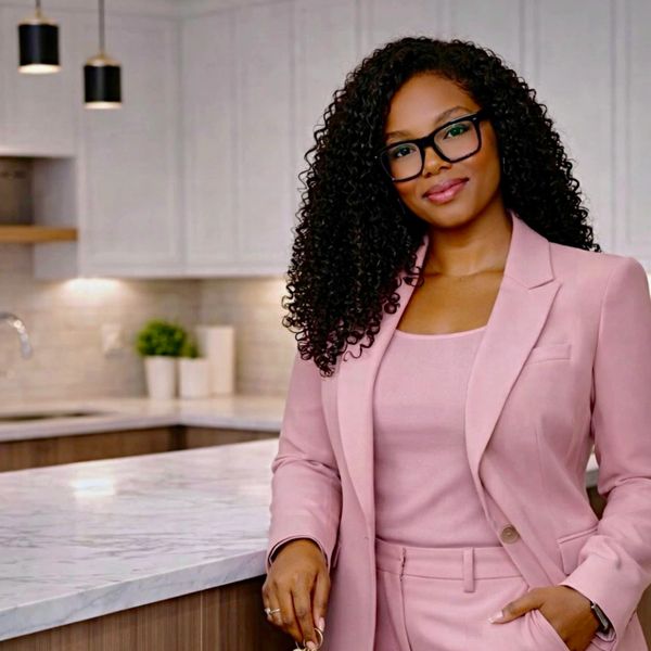 Woman in a pink suit holding keys in a modern kitchen.