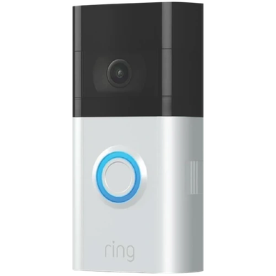 A modern Ring video doorbell with a black and white design.