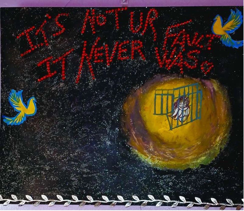 Painting with caged bird, flying birds, and text about fault and never.