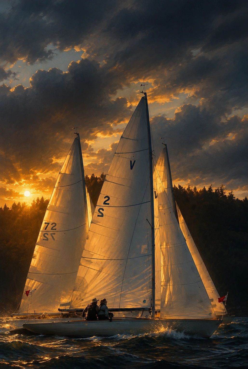 Sailboats at sunset with glowing sails.