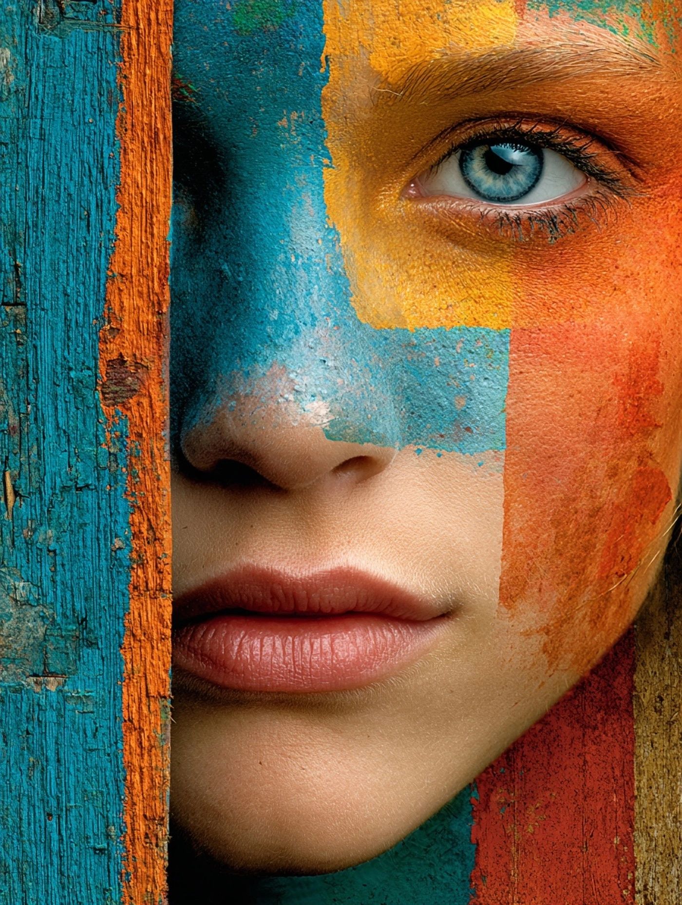 Close-up of a face with vibrant blue and orange paint.