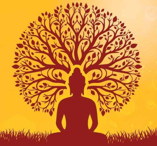 Silhouette of Buddha meditating with a tree of life behind.